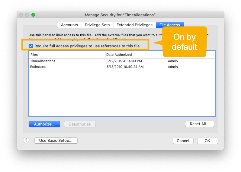The Require Full access privileges is activated by default.