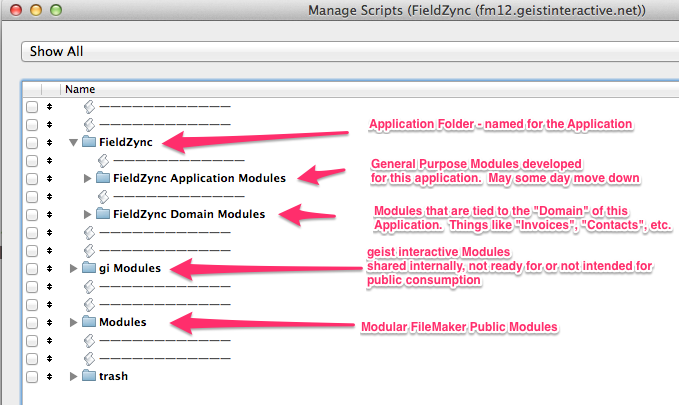 modular filemaker script organization