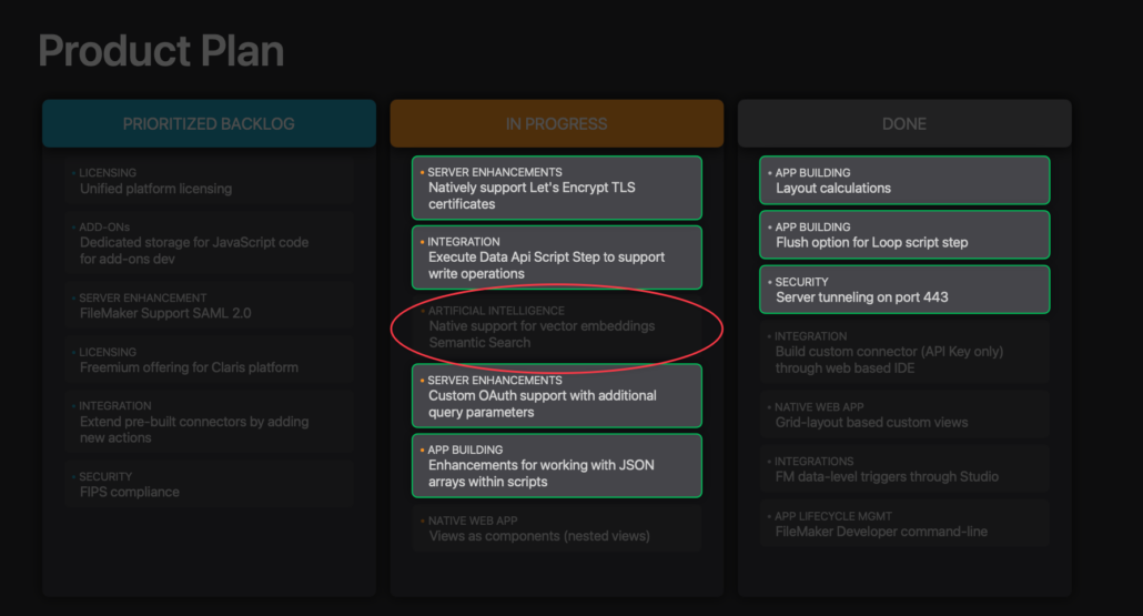 Product roadmap plan from Claris Engage 2024 Keynote slide